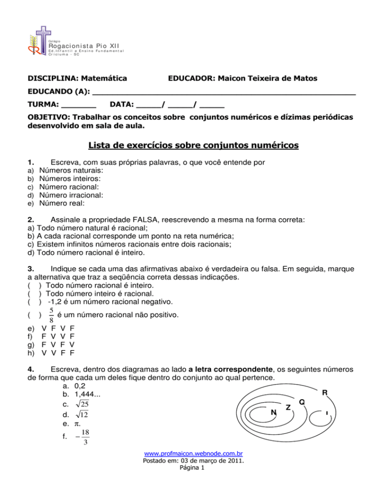 Lista De Exercícios Sobre Conjuntos Numéricos